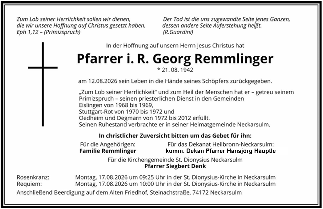Todesanzeige Remmlinger